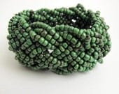 Chunky Clunky Braided beads cuff bangle bracelet. Green and shades of green. Elastic. One size fits all.