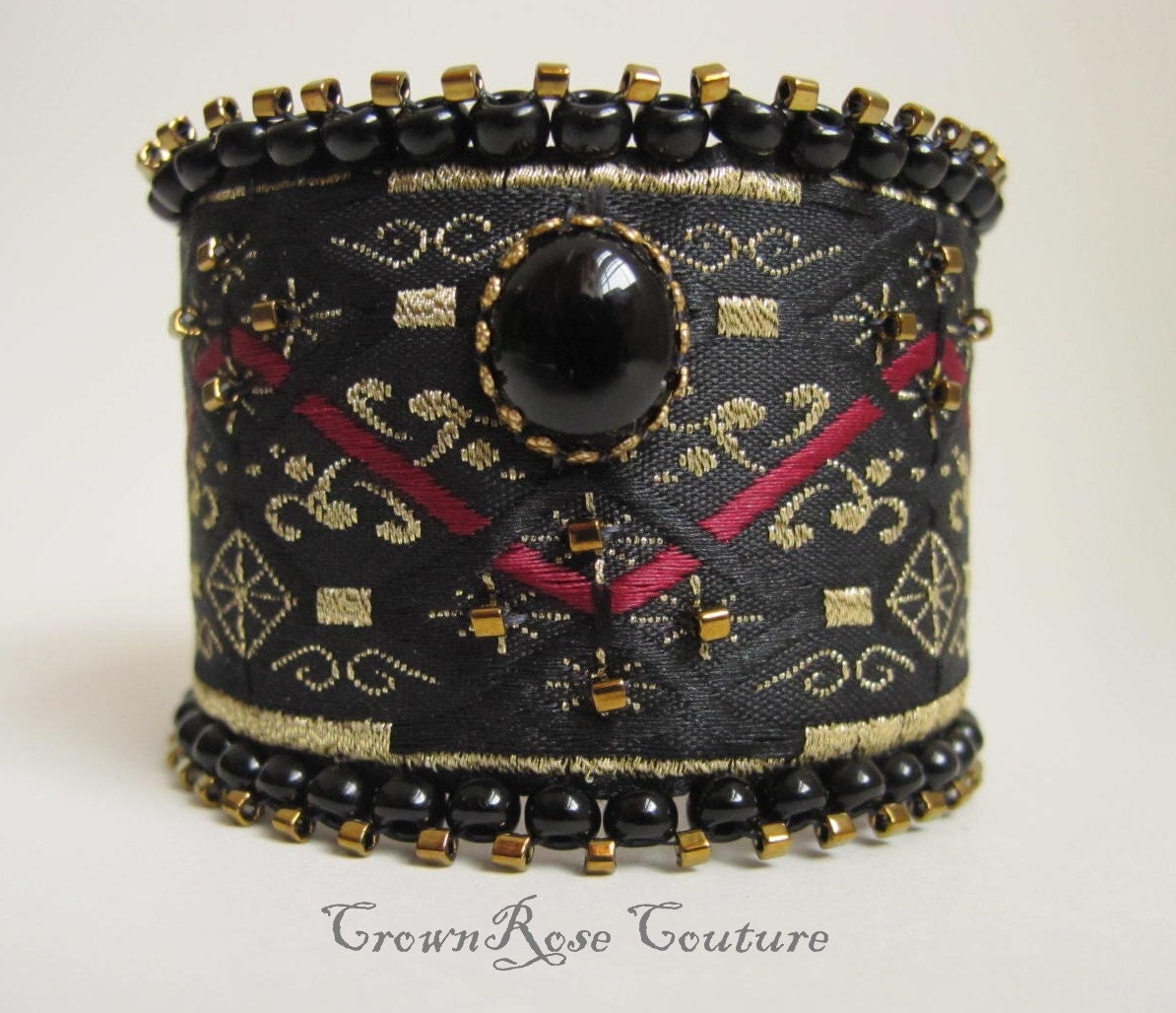 Black Onyx BLACK TIE BEAUTY  beaded Regal cuff bracelet from CrownRose Couture line. Non-allergic