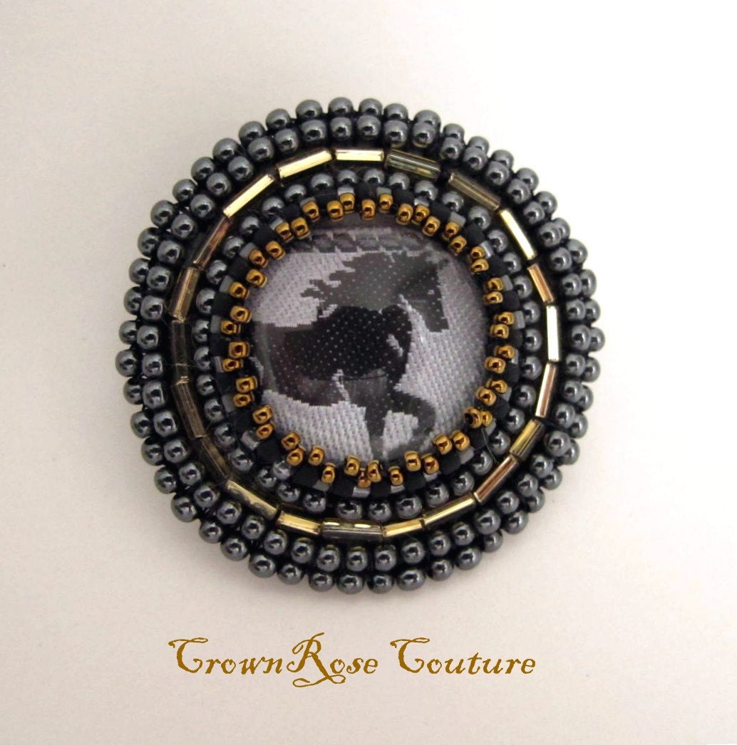 Kentucky Derby EQUINIA Equestrian Pin Brooch Romantic beaded horse picture from CrownRose Couture. Tiny Hematite beads. Ribbon jewelry