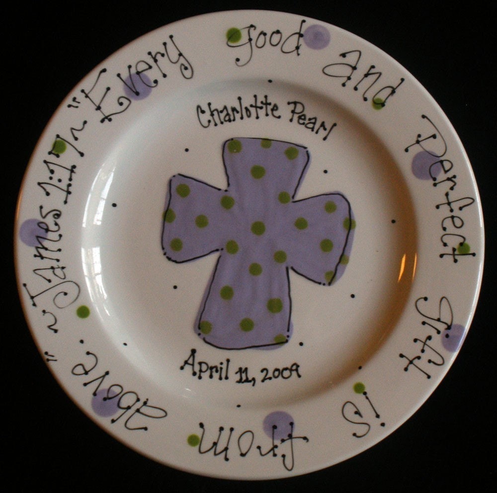 Hand Painted Baby Plate with Cross - Great Baptism Gift