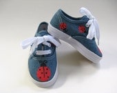 Girls Ladybug Shoes, Baby and Toddler, Hand Painted, Kids,  Denim Canvas Sneakers