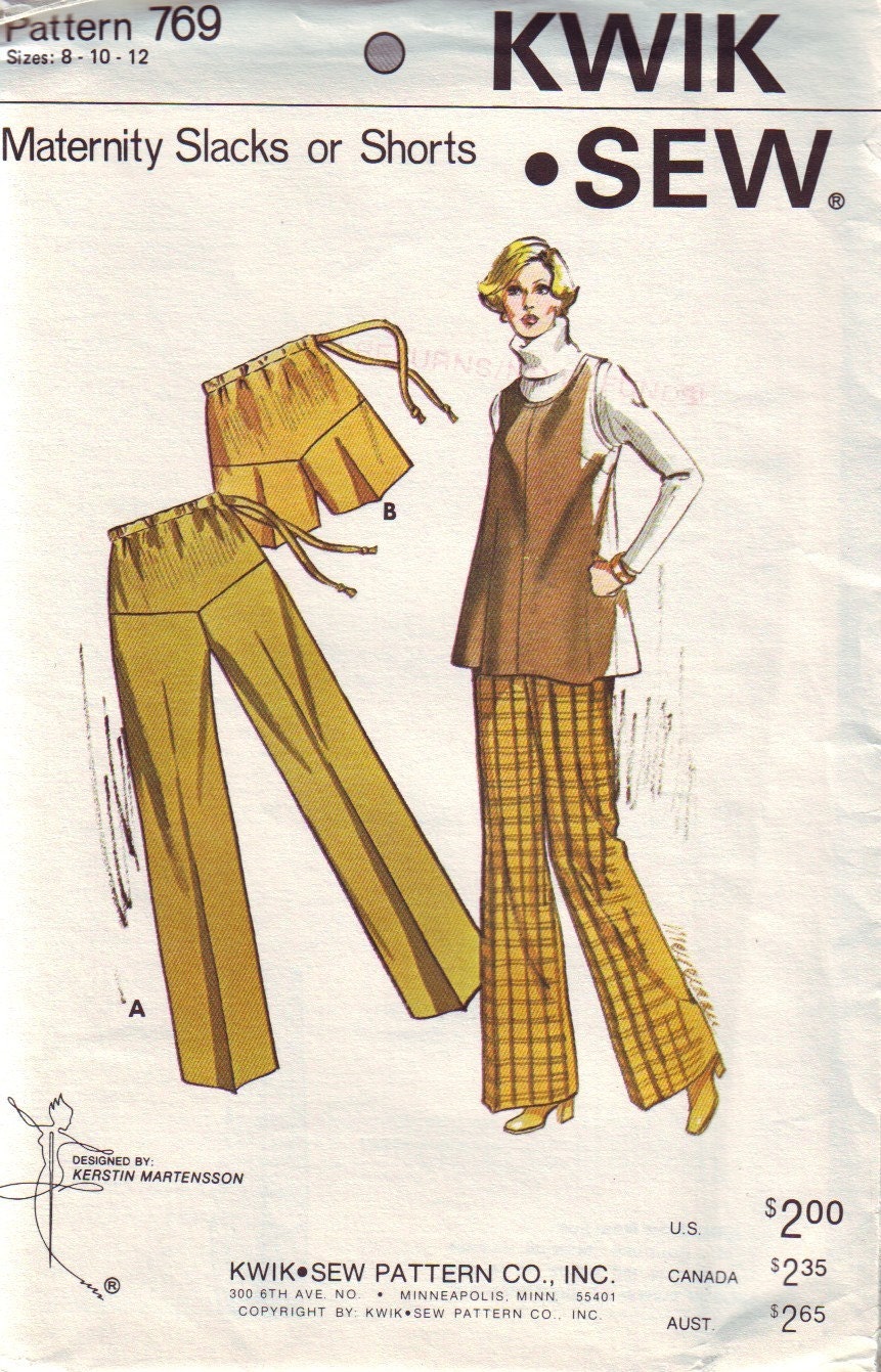 kwik sew 769, vintage 70s maternity pants or shorts pattern UNCUT, sizes 8-10-12, waist 24.5-27 FREE SHIPPING to canada and usa