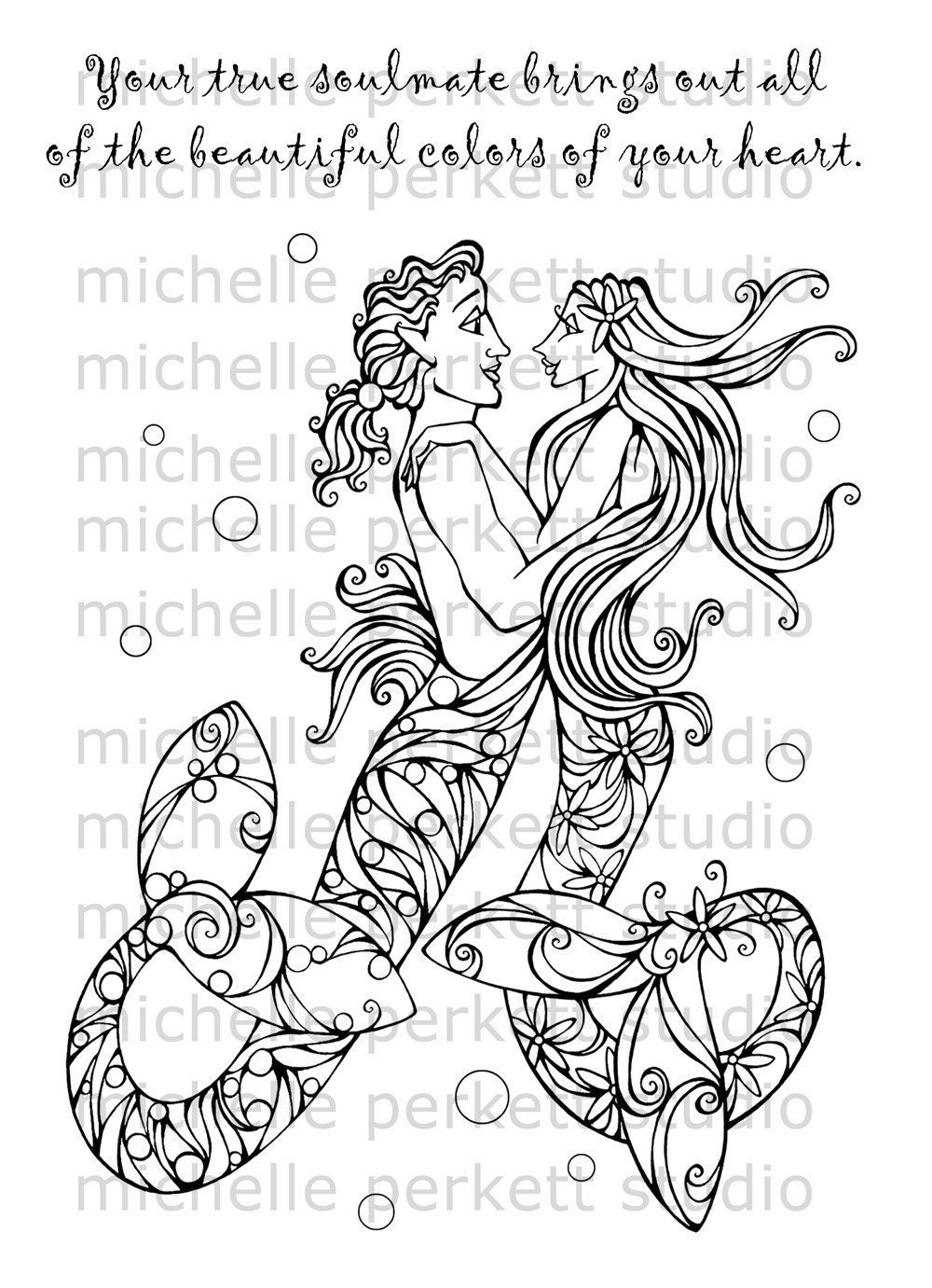Digital Stamp Image Mermaids Couples Valentines Day Anniversary Wedding Ocean Flowers Tail Fins Pretty Girly Cardmaking Scrapbooking