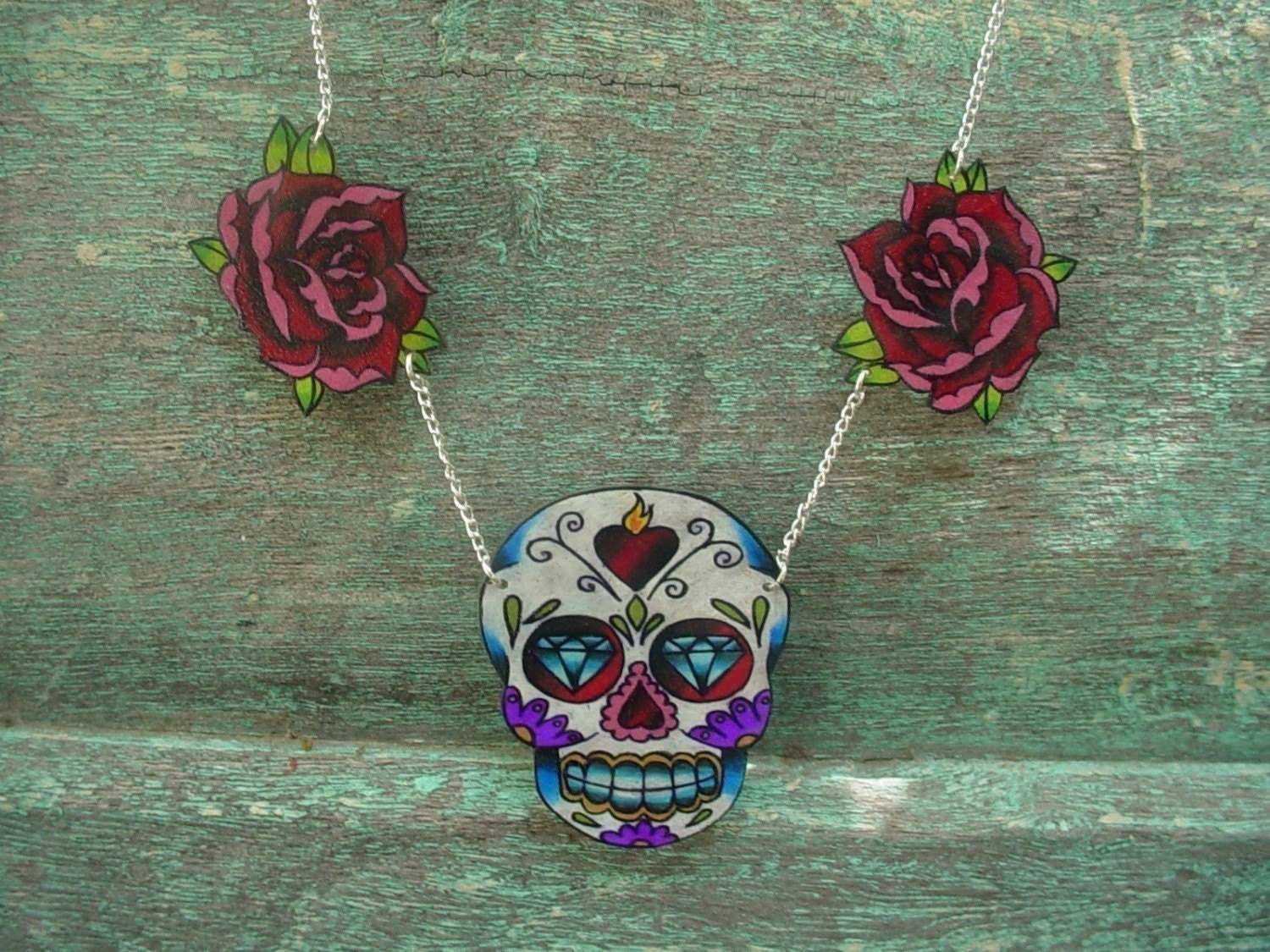 sugar skull and rose tattoo necklace day of the dead (dia de los muertos calavera)