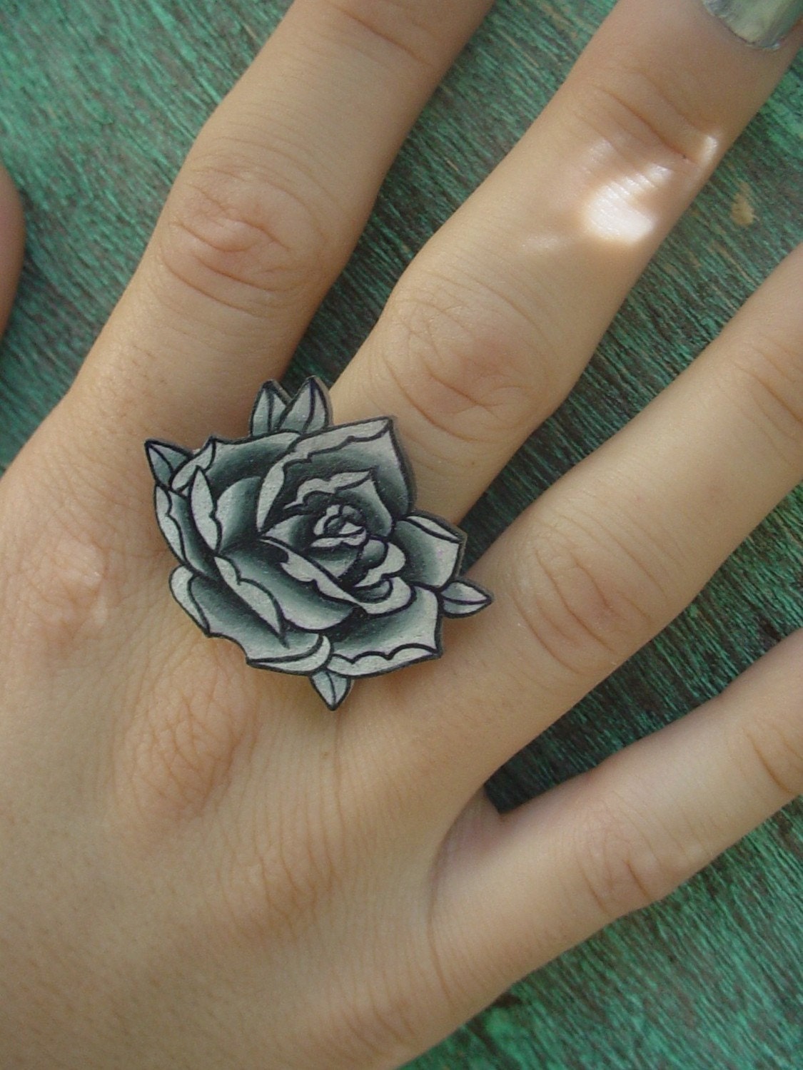 big vintage black and white surreal tattoo rose ring