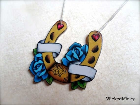 tattoo horseshoe and blue roses necklace