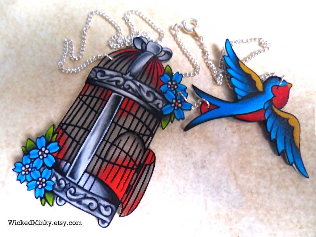Vintage Americana Tattoo Style Birdcage Necklace With Flying Sparrow