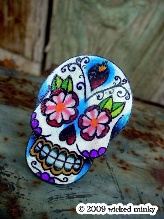 sugar skull with sacred heart and flowers tattoo ring (dia de los muertos calavera)