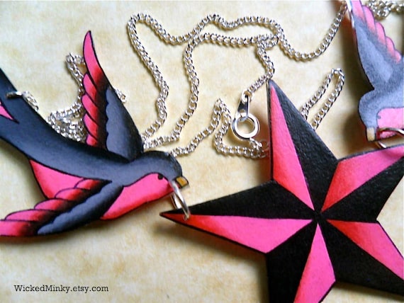 Sparrow star nautical necklace tattoo inspired hot bright pink and grey sparrows holding nautical star necklace