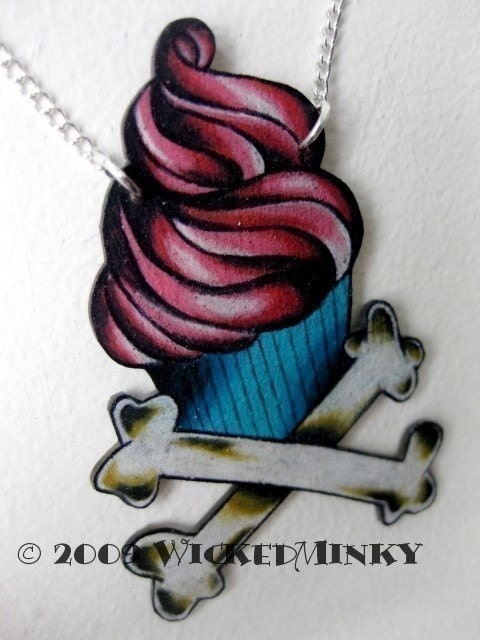 tattoo style cupcake and crossbones necklace bright hot pink and blue