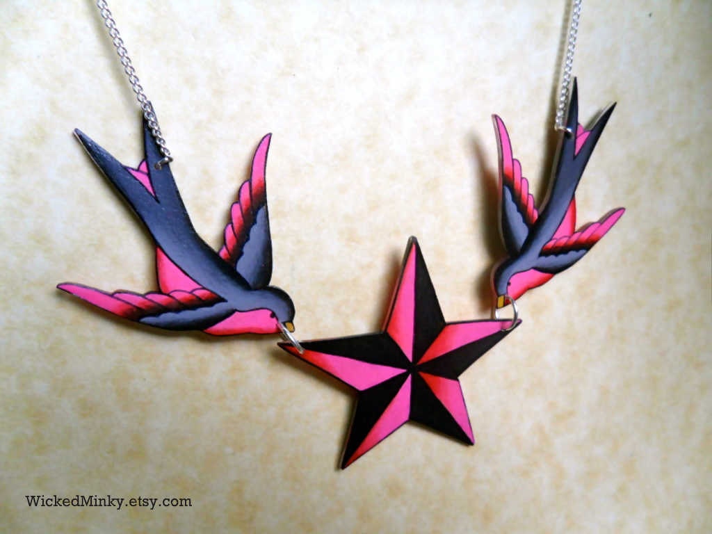 Sparrow star nautical necklace tattoo inspired hot bright pink and grey sparrows holding nautical star necklace