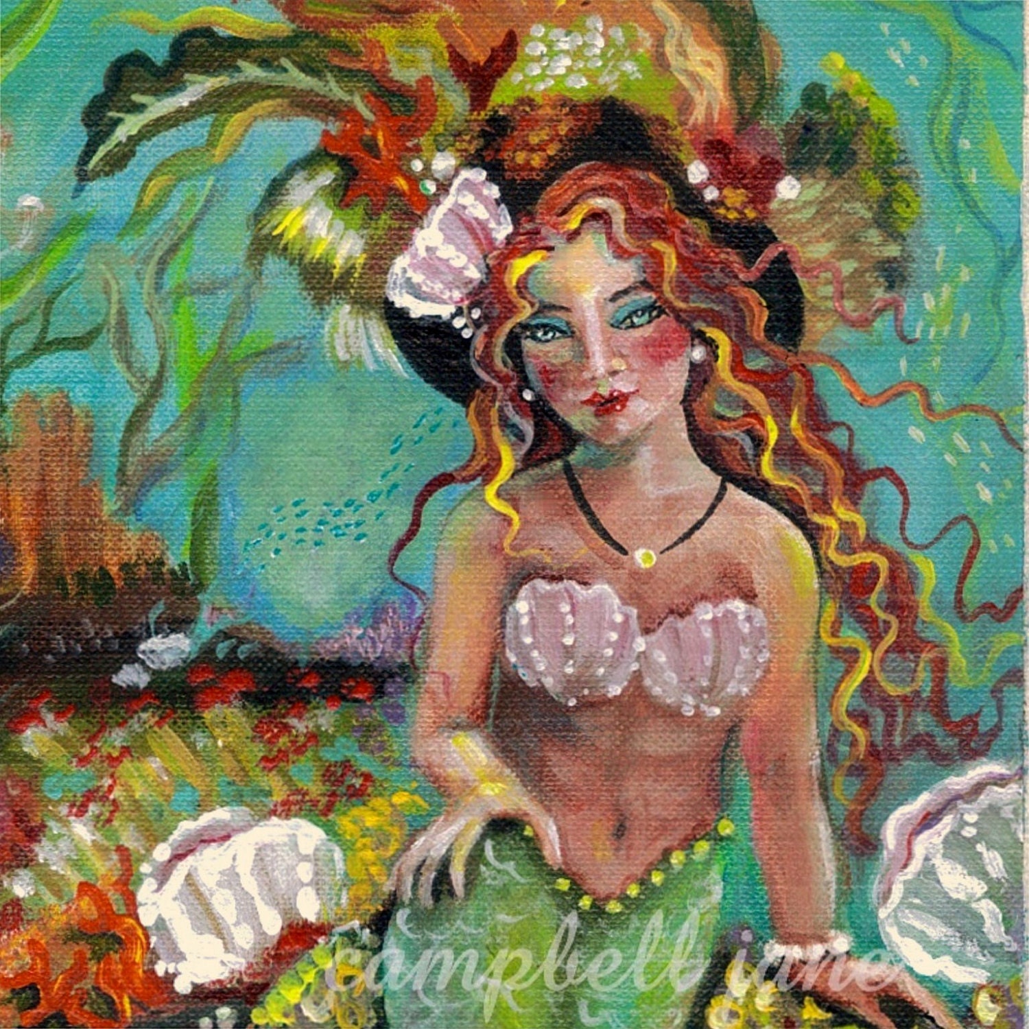 Mermaid Print 8 x 10 Mermaid Sea Life Pirate Hat Sea Shells Pearls