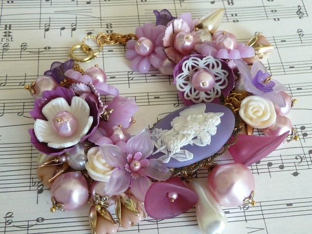 Fairies in the Garden, pink and plum flower fairy bracelet with new and vintage flowers