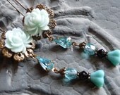 Victorian style earrings pale blue flower with vintage glass drop