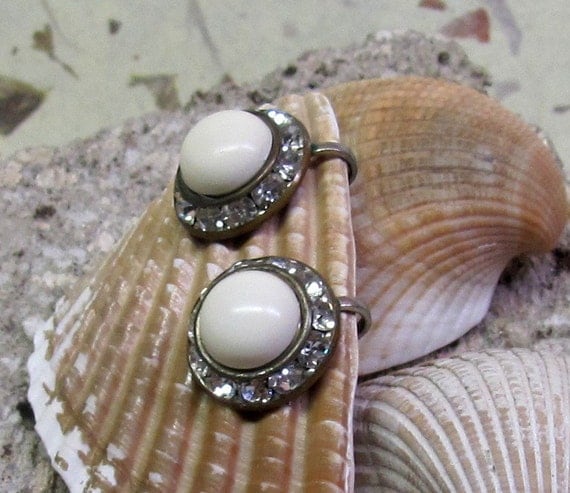 White Button Earrings with Rhinestone Accents