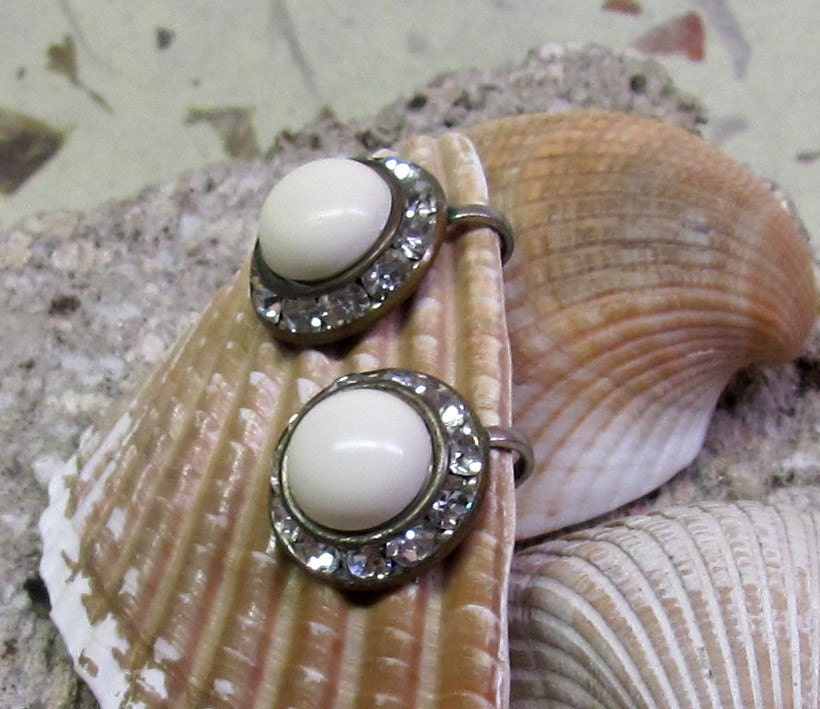 White Button Earrings with Rhinestone Accents