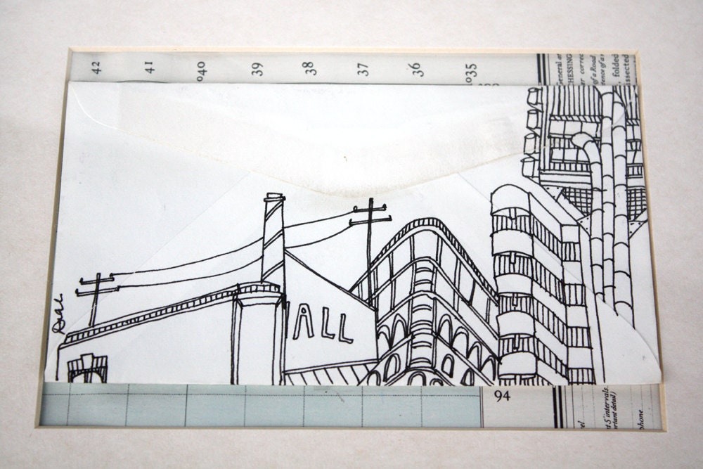 Drawing on Up-cycled Small Envelope, featuring the Lloyds Building.