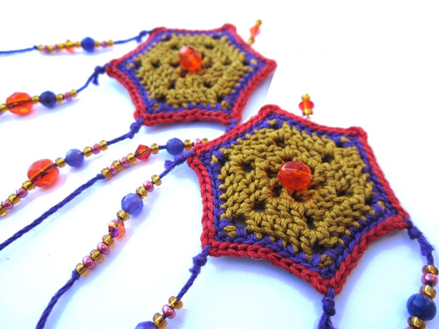 HANIA Ethnic Tribal Native American Cotton yarn Crochet Fiber Hexagon Golden Ochre Mustard Orange Violet Crystal Glass beads Dreamcatcher