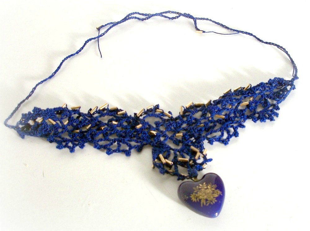 Royal Blue Crocheted Beaded Choker with Heart Pendant