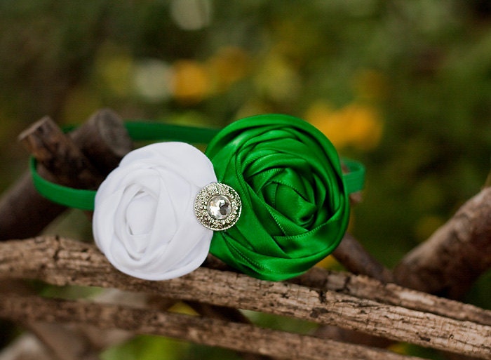 Vintage Inspired White and Green Satin Rosettes with rhinestone elastic headband for newborn-adult sizes-Christmas-Made to order