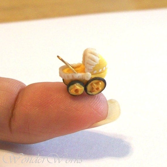 Micro Yellow Babydoll Buggy - Handsculpted OOAK Tiny Doll Buggy Dollhouse Scale Toy