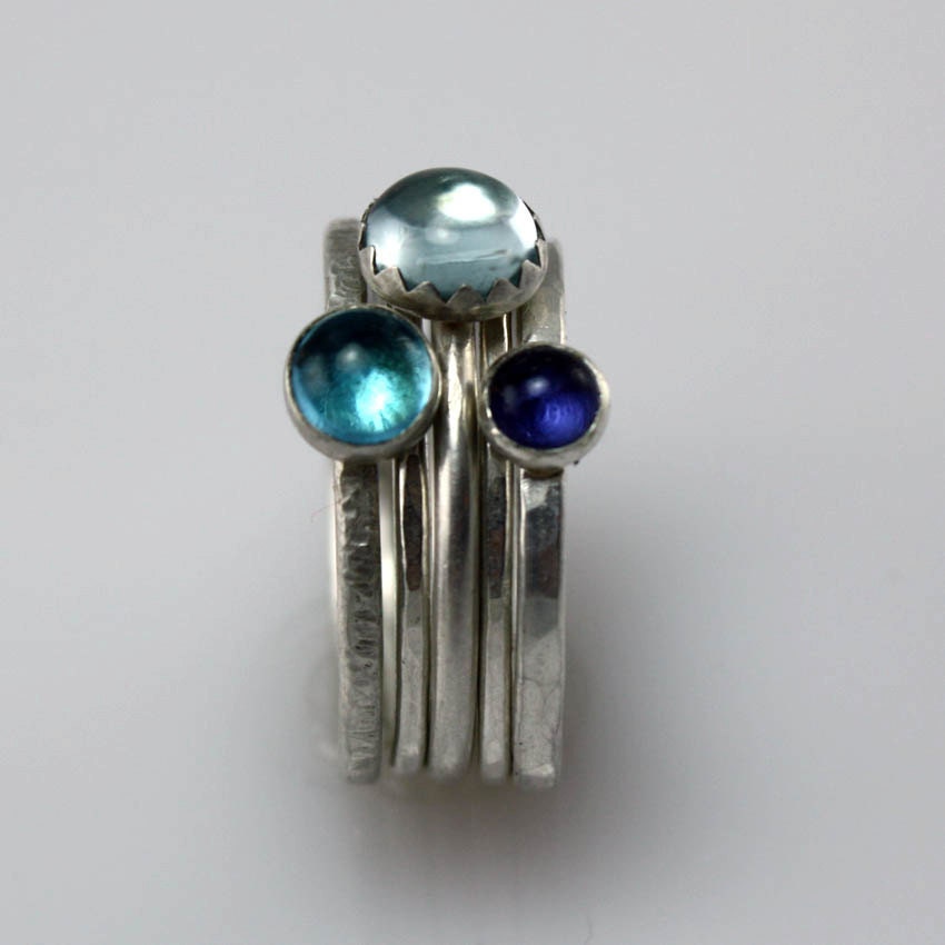 Stackable Blue Gemstone Rings -  Aquamarine, Blue Topaz, Iolite - Set of 5