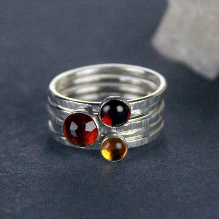 Stacking Gemstone Silver Rings, Warm Hues - Garnets with Citrine, Set of 5 - FREE shipping