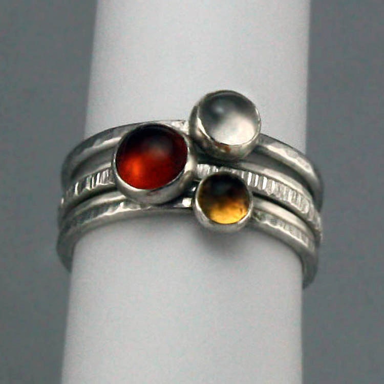 Amber Gold White Stacking Silver Rings, Set of 5 - Amber, Citrine and Moonstone