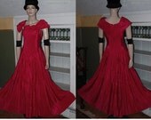 Vintage 50s Prom Dress Valentine Gown Taffeta Circle Skirt Formal Rhinestone brooch scarlet pink draped INC US SHIPPING