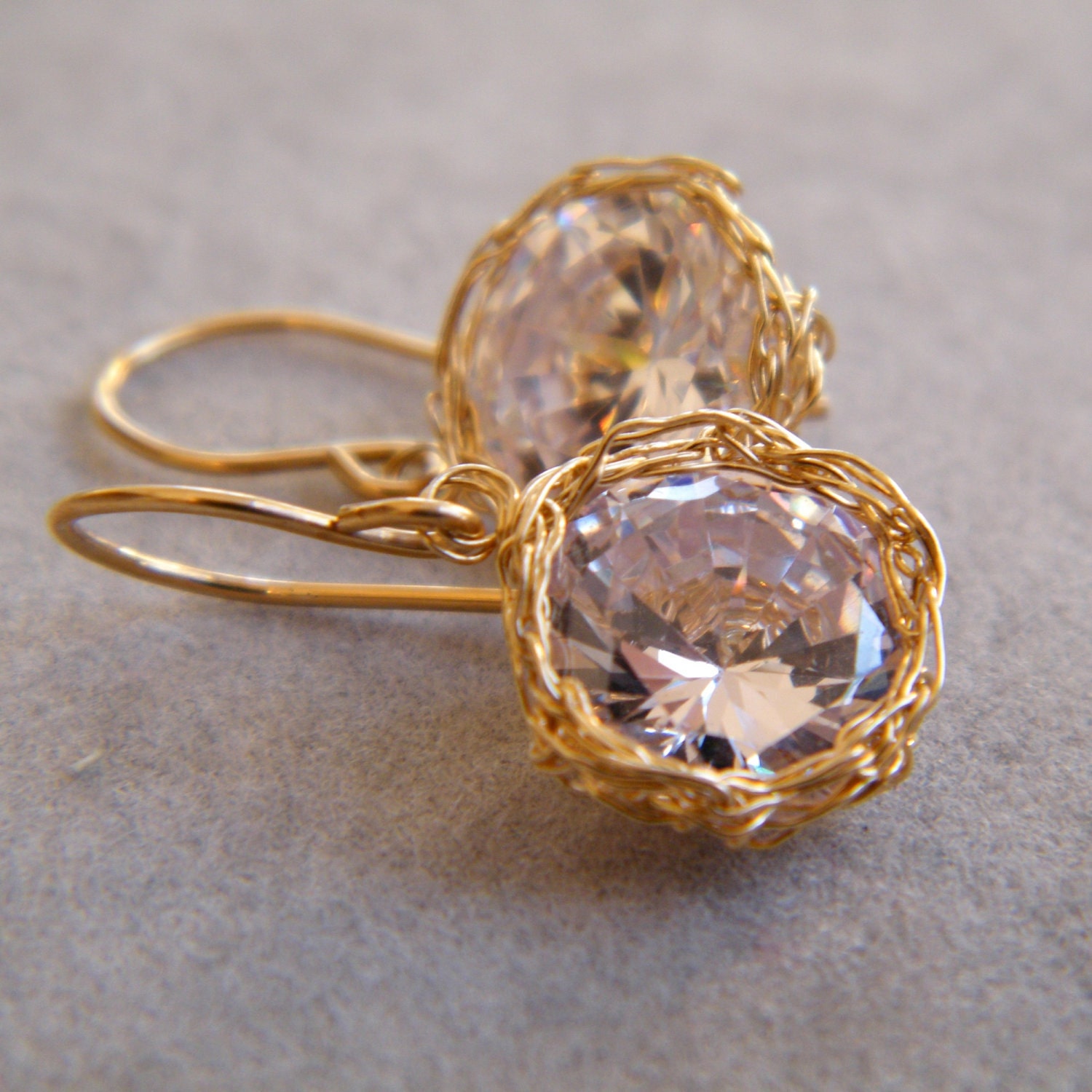 Set of 6 Bridesmaids Earring Sets - Gold Cubic Zirconia Dangle Earrings, Crochet Gold Filled Wire