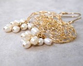 Pearl Gold Earrings, Crochet Gold Wire, Bridal Drop Pearl Earrings