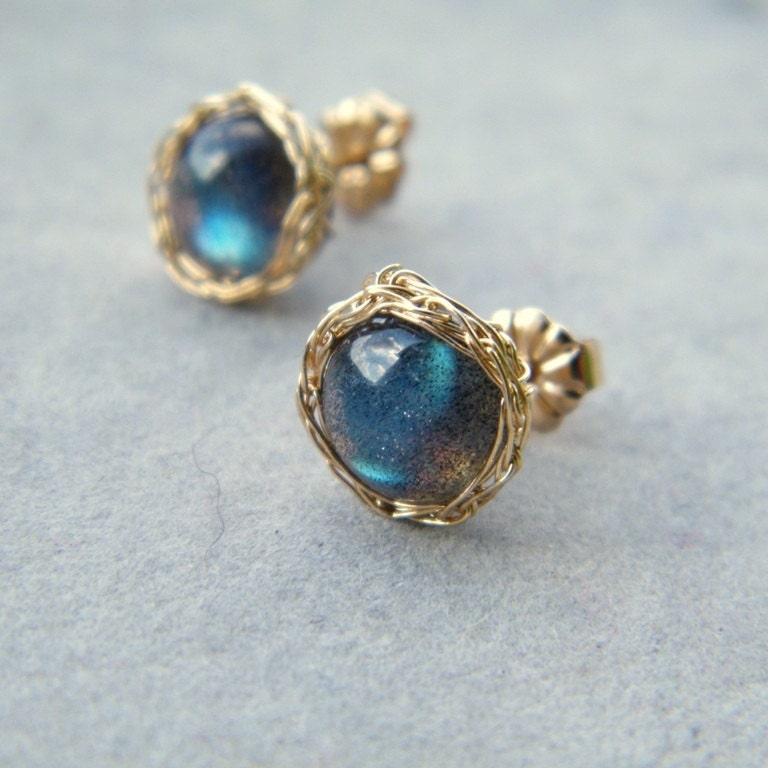 Gold Filled Labradorite Stud Earrings, Crochet Gold  Wire