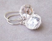 Small Sterling Silver Cubic Zirconia Dangle Earrings, Crochet Silver Wire
