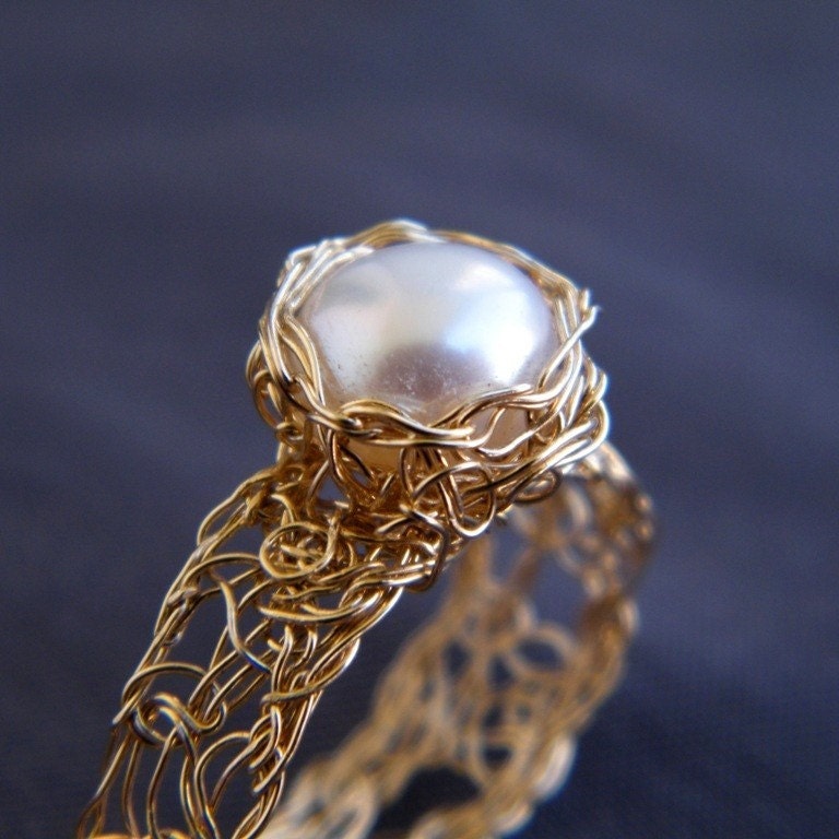Pearl Gold Ring, Crochet Gold Filled Wire