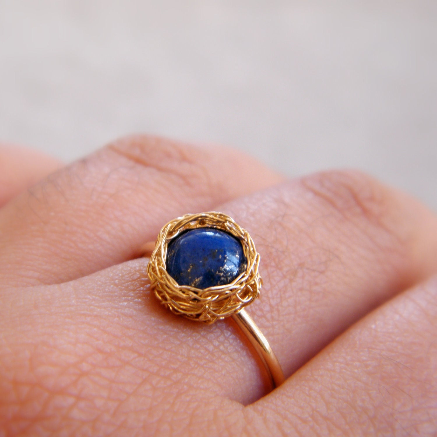 Blue Lapis Lazuli Ring, Crochet Gold Filled Wire, Size 8