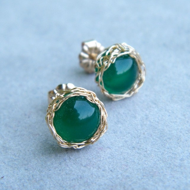 Green Emerald Earrings, Green Onyx Earrings, Crochet Gold Filled Wire Studs, May Birthstone Gift, Emerald Jewelry