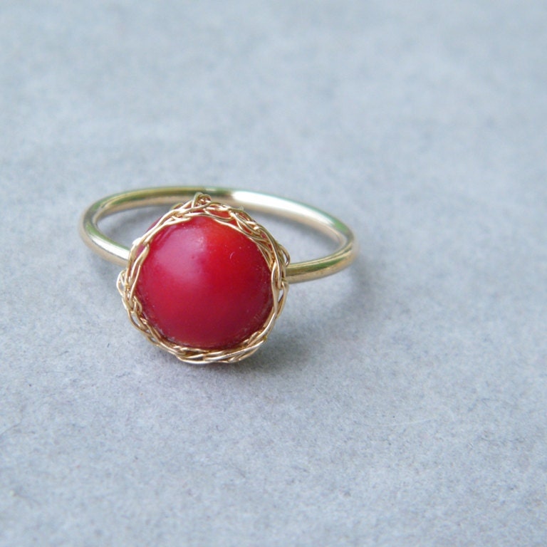 Red Coral Ring, Gold Gemstone Ring, Crochet Gold Wire, Wire Crochet Ring, Size 5.5