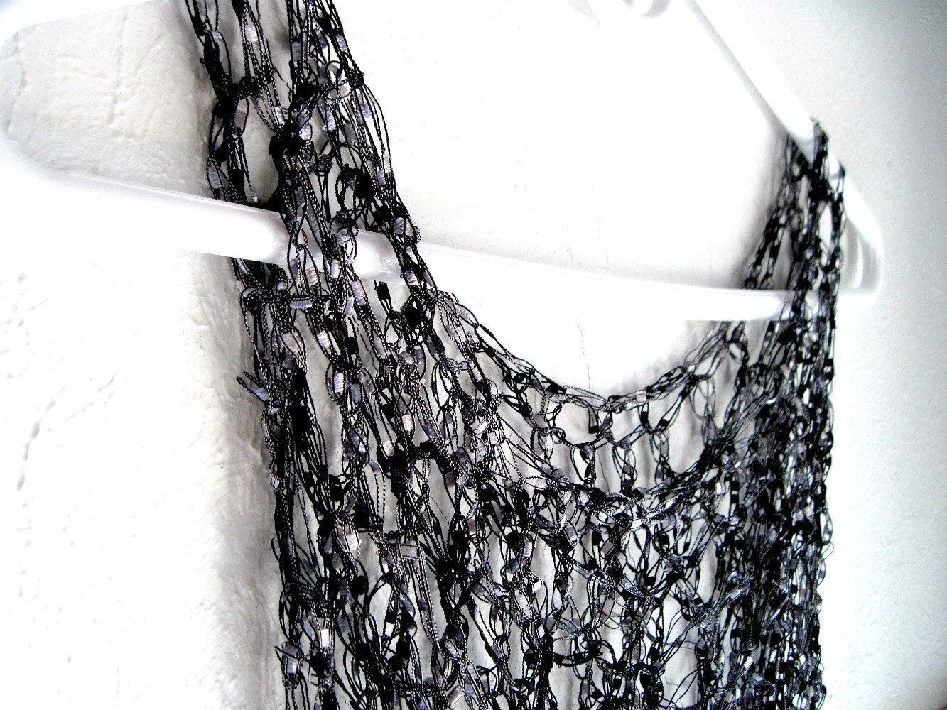 Handmade Infinity Scarf Ribbon Black White and Gray Light Weight Scarf