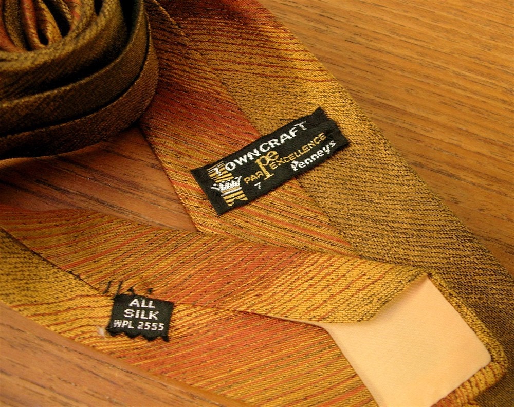 Mens Vintage 1960s Silk Tie Penneys TOWNCRAFT Gold and Copper Diagonal Ombre Tonal Stripes