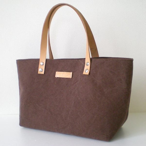Mini canvas tote bag with leather straps in Brown by tagodesign