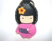 Leather Keychain - Sakura the Geisha Doll leather charm ( Pink )