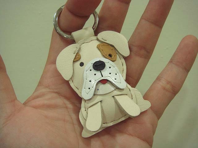 Leather Keychain - Sam the English Bulldog Leather Charm ( Cream )