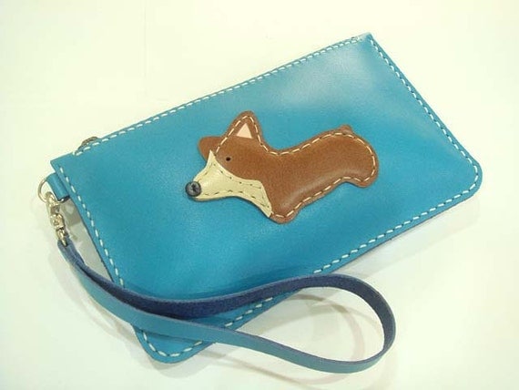 NaNa the Corgi leather Wristlet ( Turquoise )