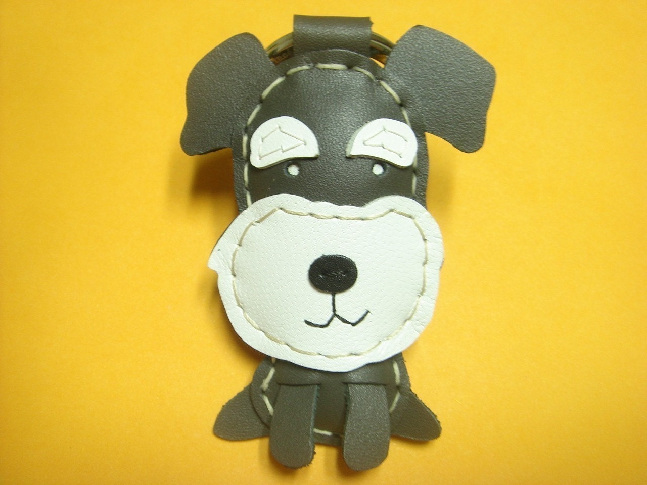 Leather Keychain - James the Schnauzer leather charm ( Dark Grey )