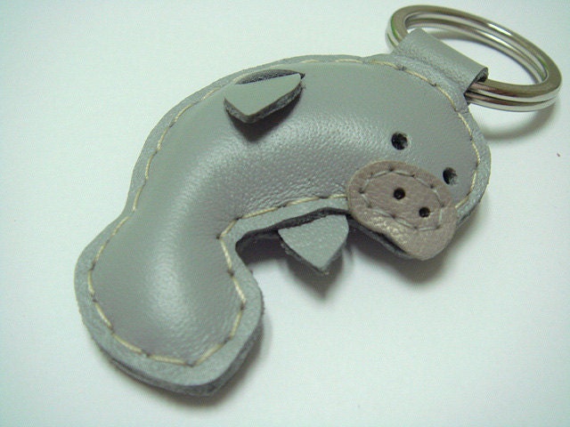 Leather Keychain - Layla the Manatee leather charm ( Grey )
