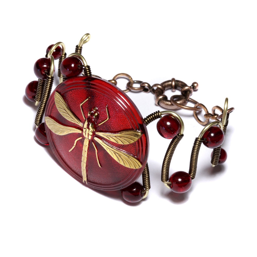 Steampunk Neo Victorian Bracelet - Copper brass RED Czech Glass Art Deco DRAGONFLY
