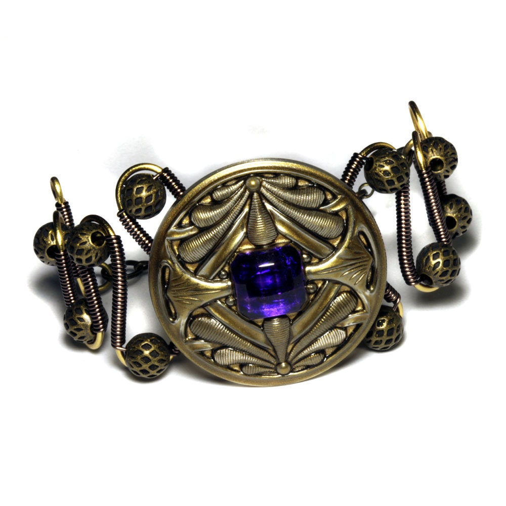 Bracelet - Czech Glass 2-DRAGONFLY Art Nouveau golden with purple center