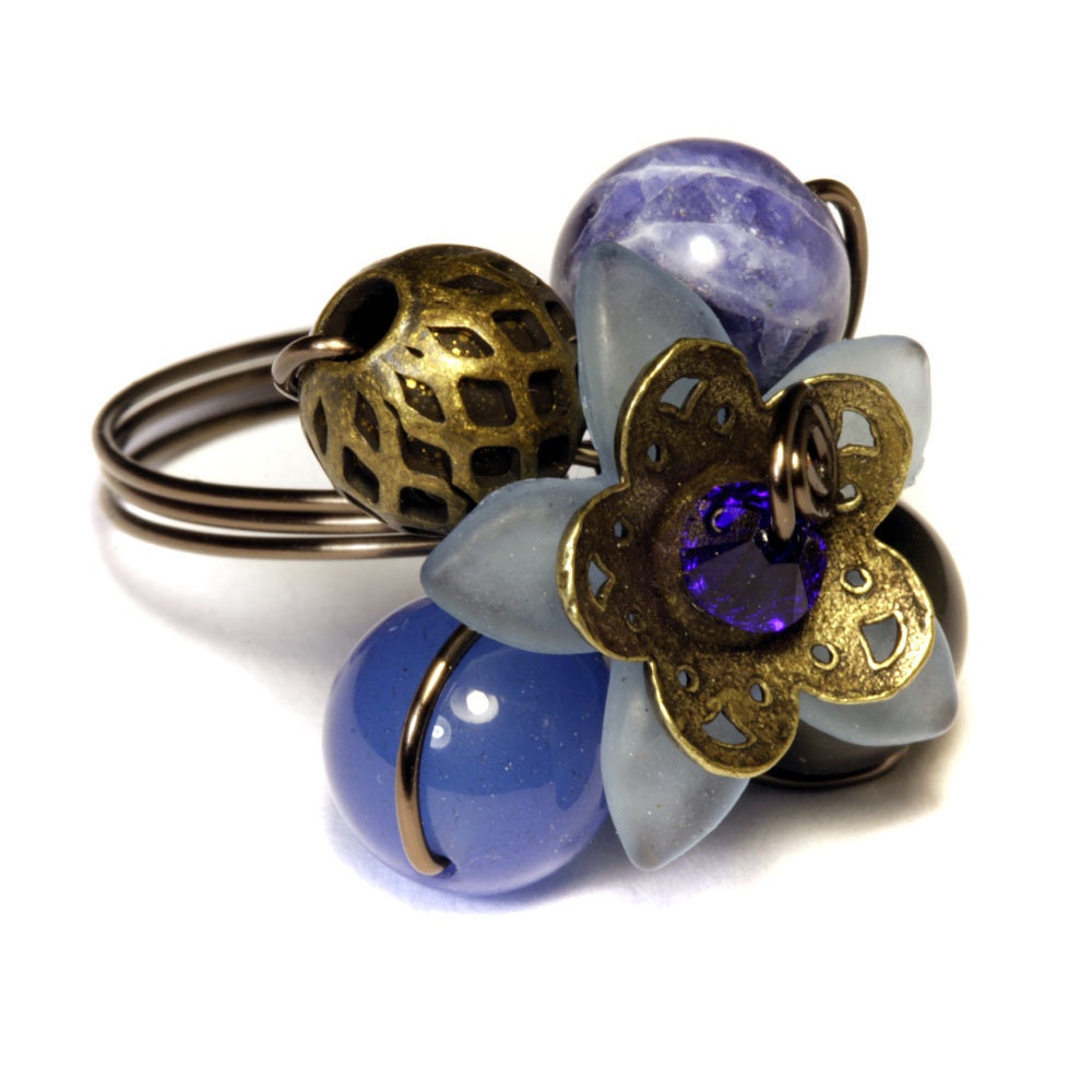 Blue Black Brass Flower ring (Custom size available - see description)