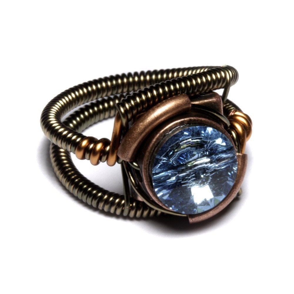 Steampunk Ring - Aquamarine Blue Swarovski Crystal (Custom size available - see description)
