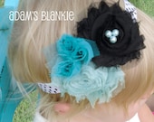 Aqua and Black Shabby Chic Rosettes French Tulle Pearls on Polka Dot Stretch Headband - Baby Infant Newborn Girls